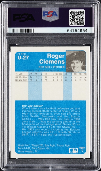1984 Fleer Update Roger Clemens RC No. U27 PSA 9