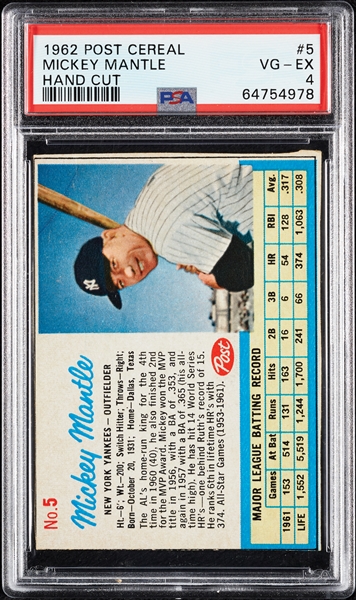 1962 Post Cereal Mickey Mantle Hand-Cut No. 5 PSA 4