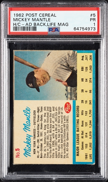 1962 Post Cereal Mickey Mantle Ad Back, LIFE Magazine No. 5 PSA 1