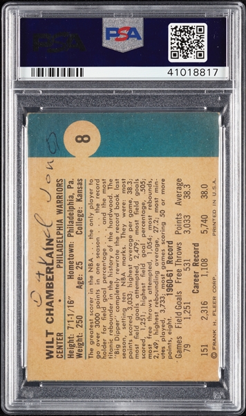 1961 Fleer Wilt Chamberlain RC No. 8 PSA Authentic