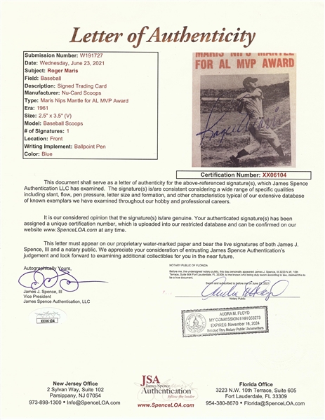 Roger Maris Signed 1961 Nu-Card Scoops No. 416 (JSA)