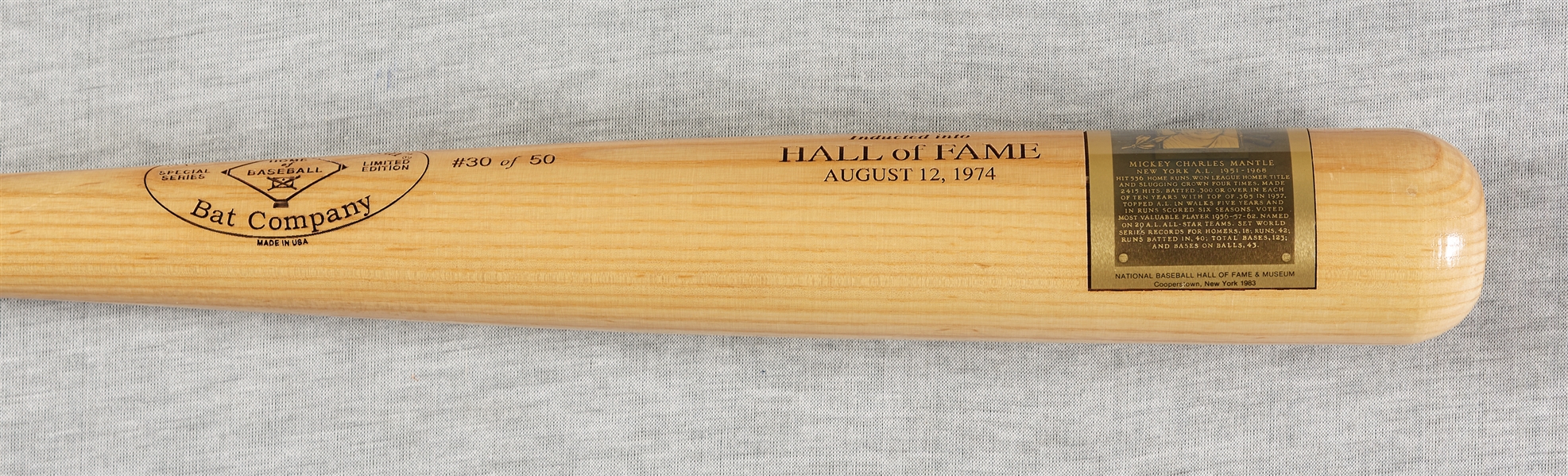 Mickey Mantle Signed Hall of Fame Plaque Bat (JSA) (PSA/DNA)