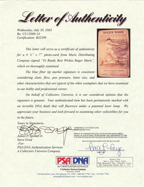 Roger Maris Signed Beer Distributorship Framed Advertising Card (PSA/DNA)