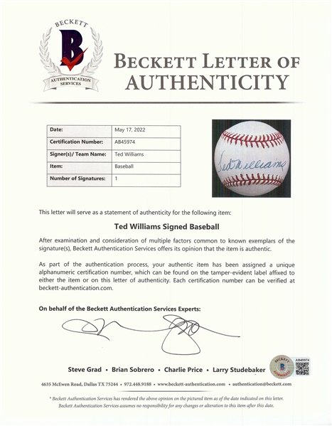 Ted Williams Single-Signed OAL Baseball (BAS)