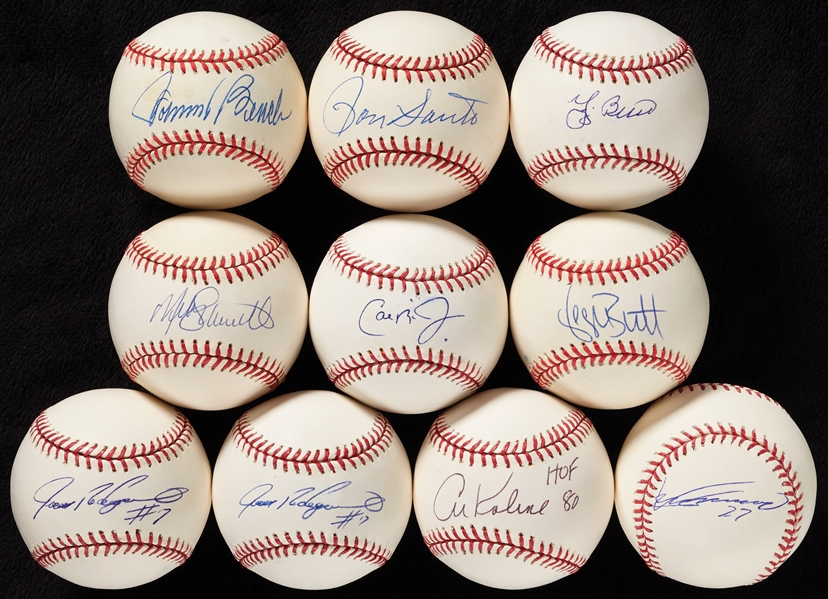 HOFer Single-Signed OML Baseball Group with Schmidt, Berra, Santo (10) (BAS)