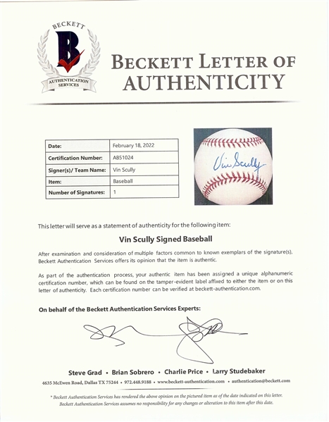 Vin Scully Single-Signed OML Baseball (BAS)