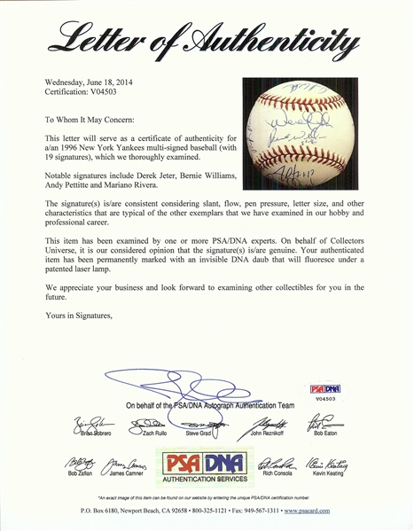 1996 New York Yankees World Champs Team-Signed 1996 WS Baseball (PSA/DNA)