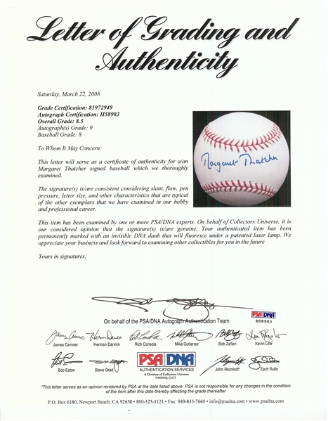 Margaret Thatcher Single-Signed OML Baseball (Graded PSA/DNA 8.5 - AUTO 9)
