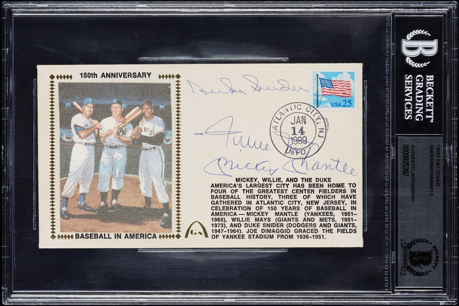 Mickey Mantle, Willie Mays & Duke Snider Signed First Day Cover (BAS)