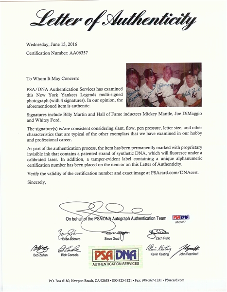 Mickey Mantle, Billy Martin, Joe DiMaggio & Whitey Ford Signed 8x10 Photo (PSA/DNA) 