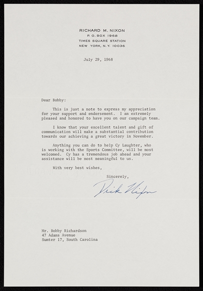Richard Nixon Signed Typed Letter to Bobby Richardson (1968) (PSA/DNA)
