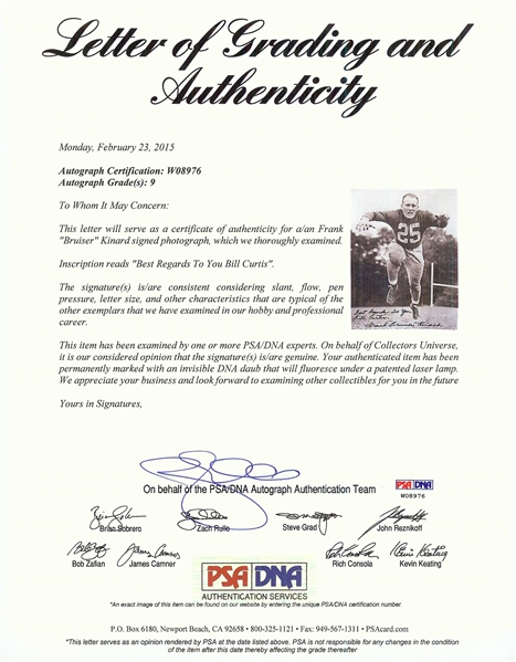 Frank Bruiser Kinard Signed 8x10 Photo (Graded PSA/DNA 9)