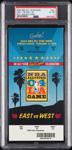 2004 NBA All-Star Game Full Ticket - Shaquille O'Neal MVP (Graded PSA 6)