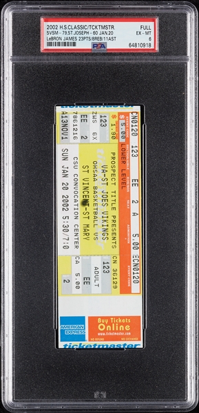 2002 HS Classic Ticketmaster Full Ticket - LeBron James 23/8/11 (Graded PSA 6)