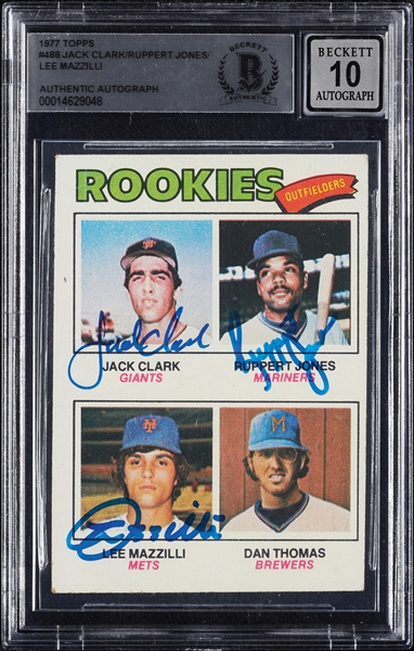 Signed 1977 Topps RC Outfielders No. 488 with Clark, Jones, Mazzilli (Graded BAS 10)