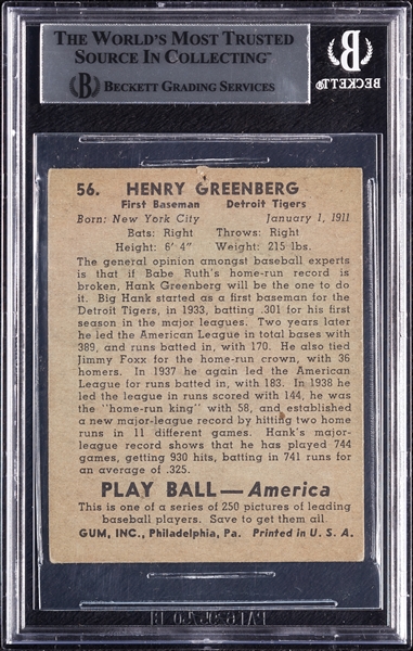 Hank Greenberg Signed 1939 Play Ball No. 56 (BAS)