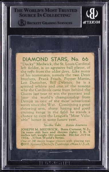 Joe Medwick Signed 1935 Diamond Stars No. 66 (BAS)
