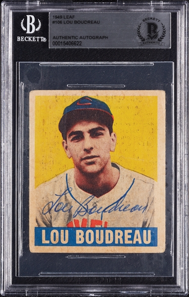 Lou Boudreau Signed 1948 Leaf RC No. 106 (BAS)