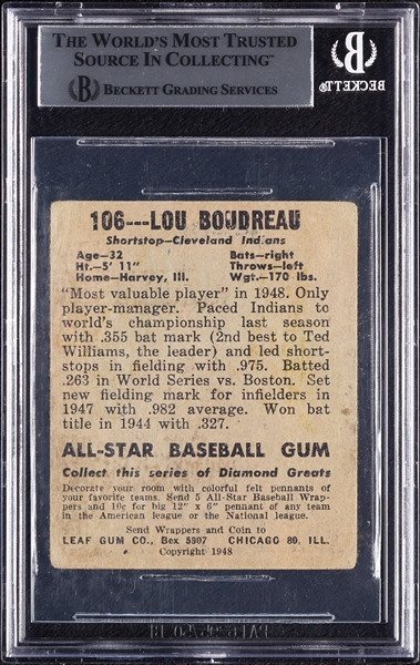Lou Boudreau Signed 1948 Leaf RC No. 106 (BAS)