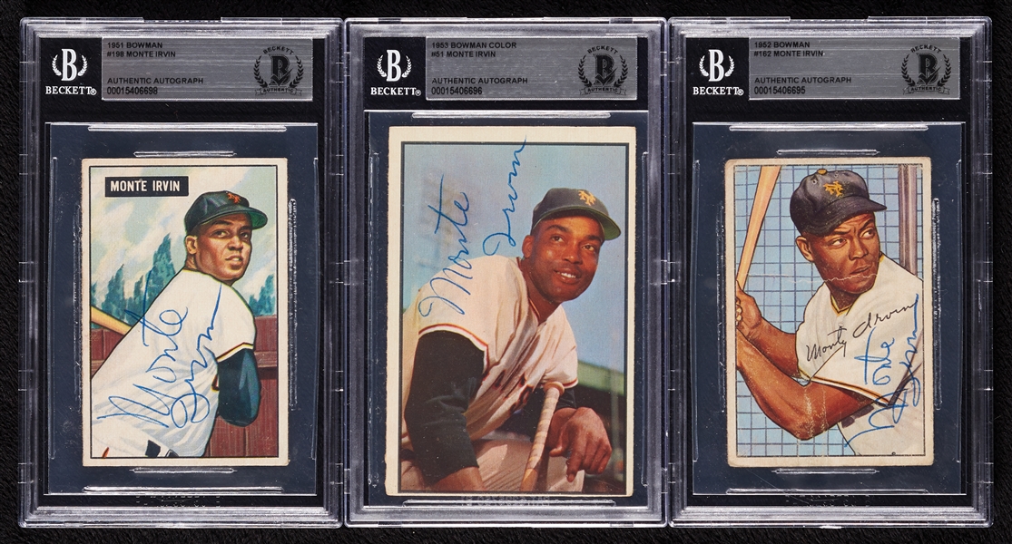 Monte Irvin Signed 1950s Trio with Bowman RC (BAS) (3)