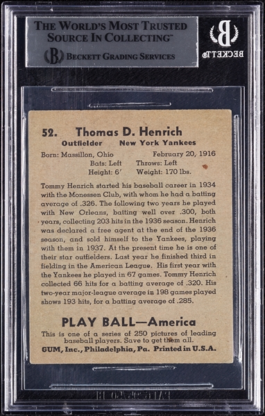 Tom Henrich Signed 1939 Play Ball RC No. 52 (BAS)