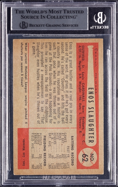 Enos Slaughter Signed 1954 Bowman No. 62 (BAS)
