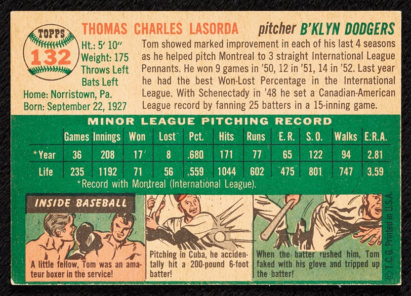 1954 Topps Baseball Tommy Lasorda RC No. 132 EX-MT