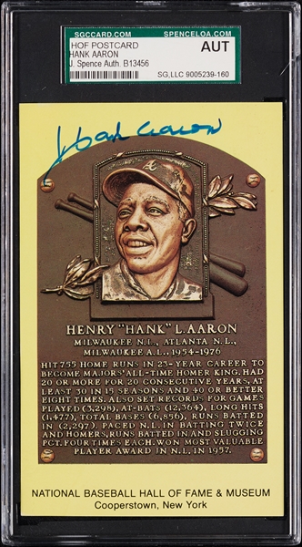 Hank Aaron Signed Yellow HOF Plaque Postcard (SGC)