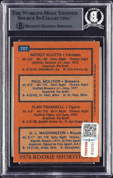 Paul Molitor, Alan Trammell, Klutts & Washington Signed 1978 Topps Rookie Shortstops RC No. 707 (BAS)