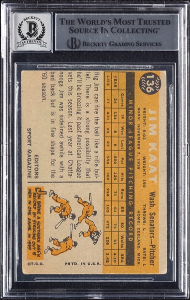 Jim Kaat Signed 1960 Topps RC No. 136 (Graded BAS 10)