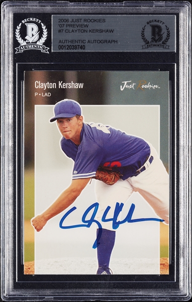 Clayton Kershaw Signed 2006 Just Rookies '07 Preview RC No. 7 (BAS)