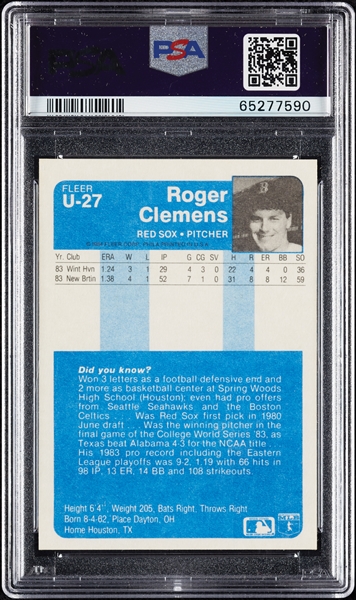 Roger Clemens Signed 1984 Fleer Update RC No. U27 PSA 8