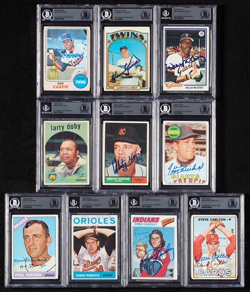 HOFer Signed 1960s/1970s Topps Group with Carlton, Doby, Carew (BAS) (10)