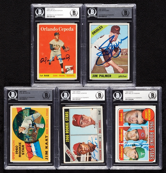 HOFer Signed 1950s/1960s Topps RCs with Cepeda, Fingers, Palmer (BAS) (5)