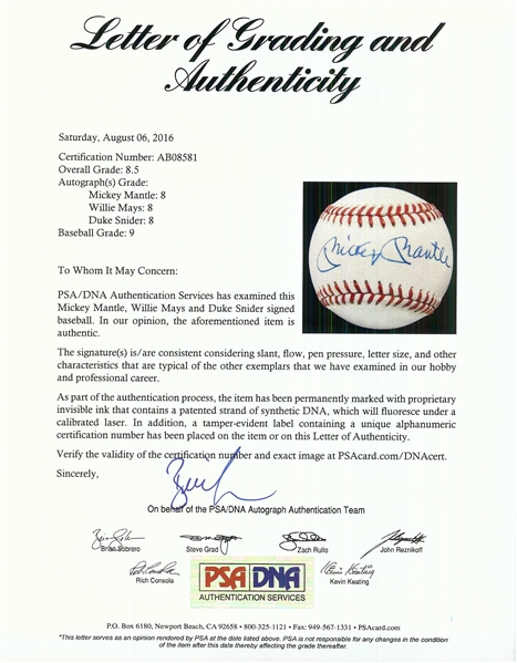 Mickey Mantle, Willie Mays & Duke Snider Signed OAL Baseball (Graded PSA/DNA 8.5)