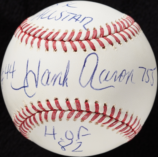 Hank Aaron Single-Signed OML STAT Baseball with Multiple Inscriptions (JSA)