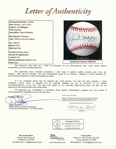 Joe DiMaggio Single-Signed OAL Baseball (JSA)