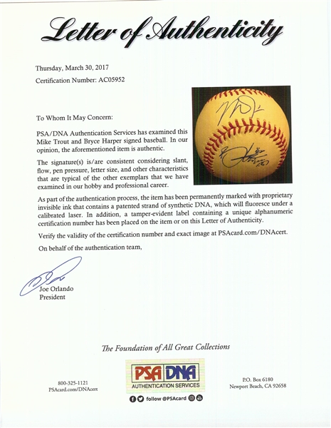 Mike Trout, Bryce Harper & Kris Bryant Signed OML Baseball (MLB) (Fanatics) (PSA/DNA)