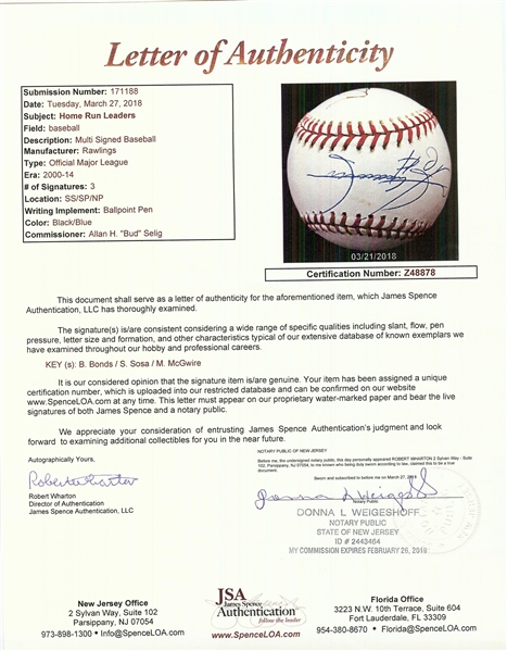 Barry Bonds, Sammy Sosa, Mark McGwire Signed OML Baseball (JSA)