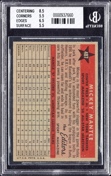 1958 Topps Mickey Mantle All-Star No. 487 BVG 5.5