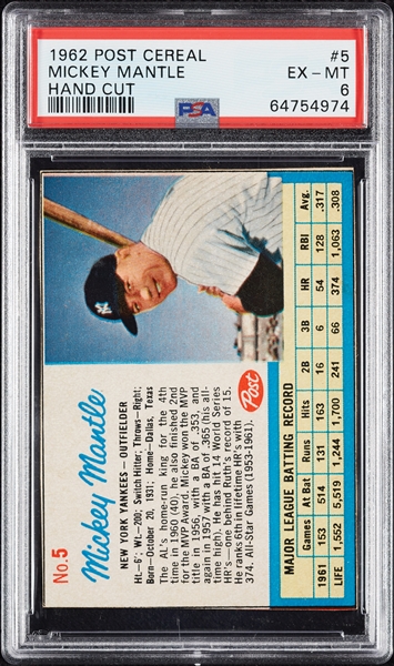 1962 Post Cereal Mickey Mantle Hand Cut No. 5 PSA 6
