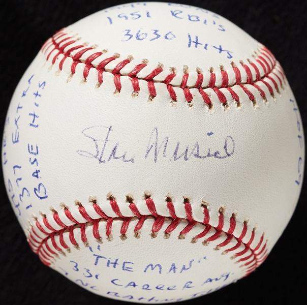 Stan Musial Signed OML STAT Baseball with Multiple Inscriptions (PSA/DNA)