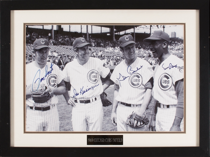 1969 Chicago Cubs Infield Signed 16x20 Photo with Banks, Santo, Kessinger, Beckert