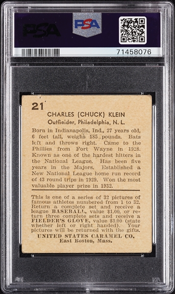 1932 US Caramel Chuck Klein No. 21 PSA 1