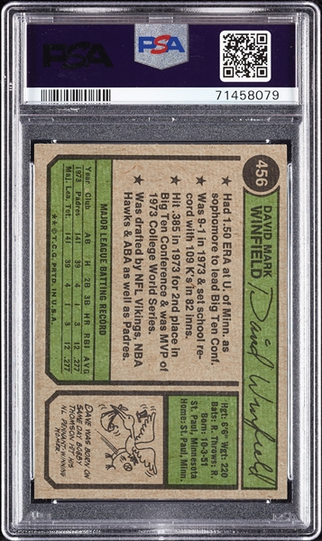 1974 Topps Dave Winfield RC No. 456 PSA 8