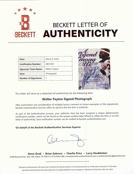 Walter Payton Signed 8x10 A Legend Among Us Sheet (BAS)
