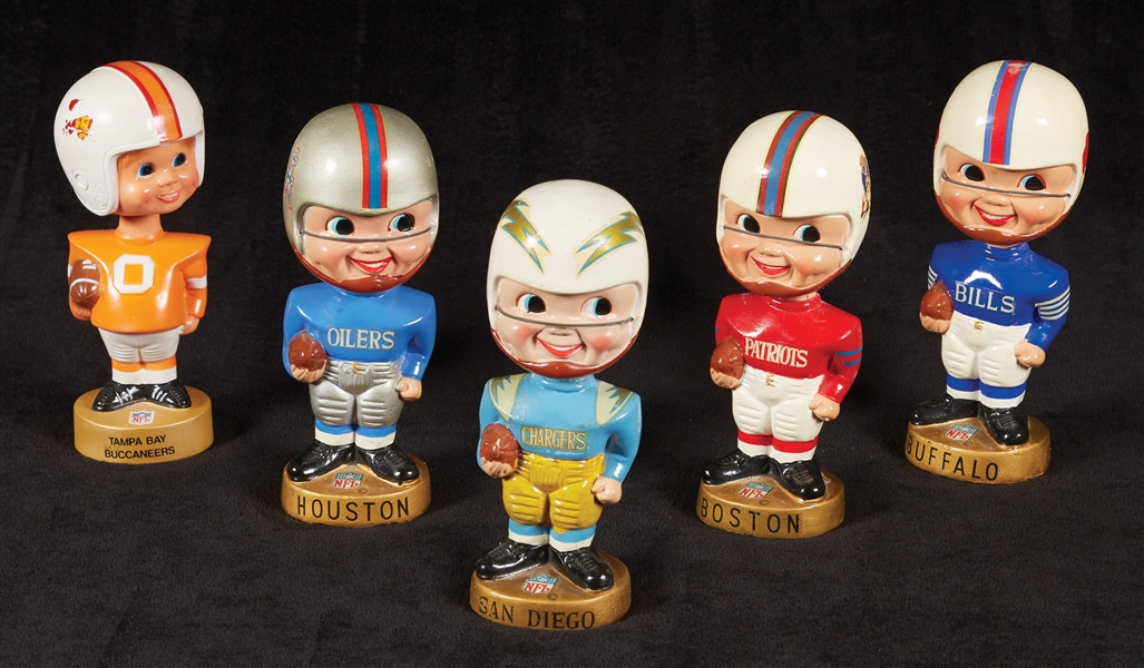1960s and 1970s Bobbin Heads from Patriots, Chargers, Bills, Oilers and Bucs With Original Boxes (5)