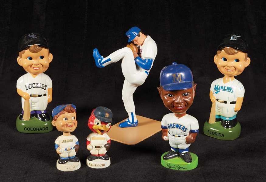 Aaron and Ryan figures, Marlins and Rockies Bobbin Heads and Cardinals/Mets Miniatures (6)
