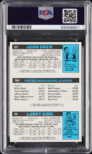 1980 Topps Larry Bird/Cartwright/Drew PSA 8