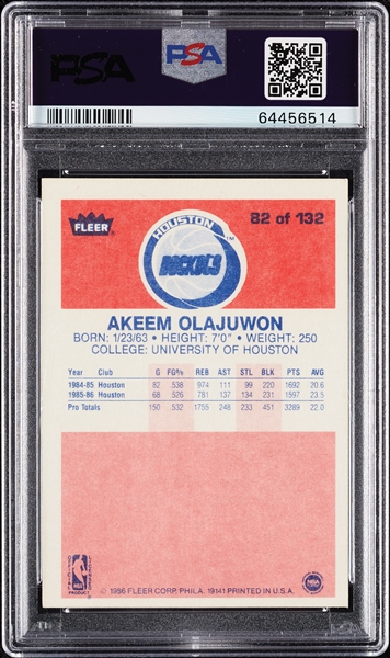 1986 Fleer Hakeem Olajuwon RC No. 82 PSA 7